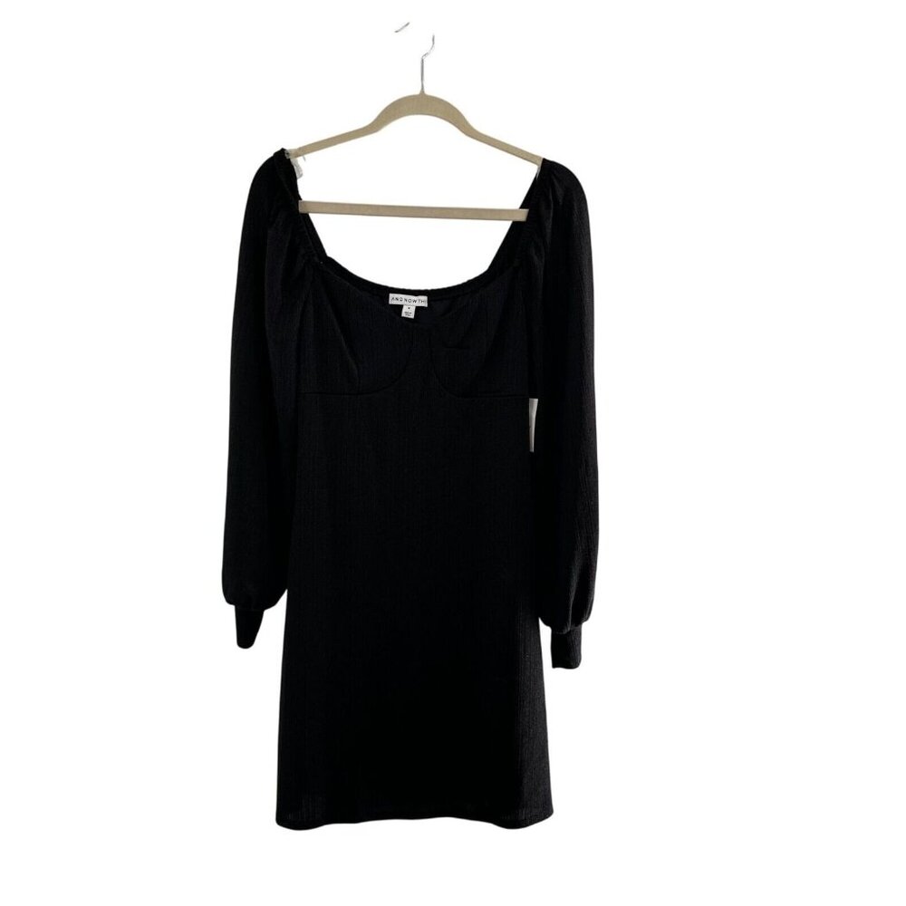 And Now This Black Long-Sleeve‎ Knit Mini Dress Size M Smocked Metallic Babydoll